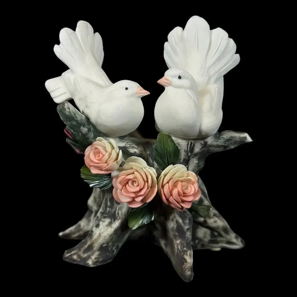 Vintage Capodimonte Italian Porcelain White Dove Love Birds Pink Roses On Branch
